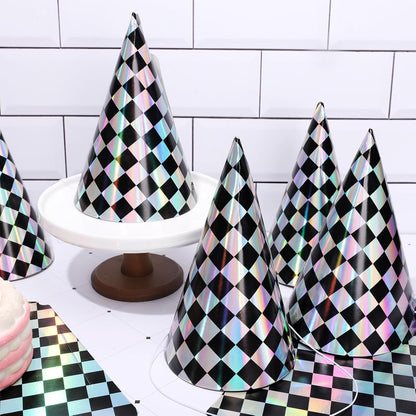 FYSUIMU 30Pcs Iridescent Checkered Birthday Party Hats Holographic Black Checkerboard Design Paper Cone Hat for Race Car Theme Birthday Party Supplies, 5.5 x 7.9 Inch