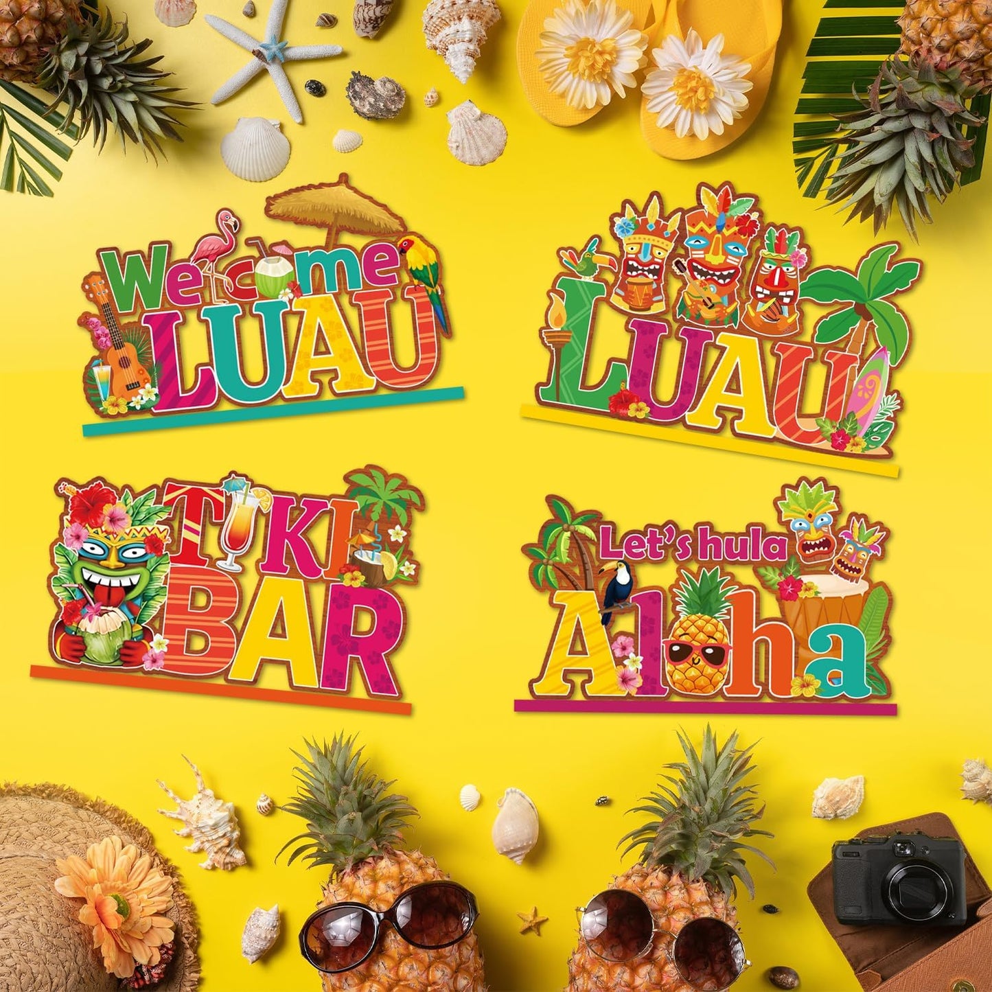 4 Pcs Luau Party Decorations Wooden Table Decorations Tiki Bar Aloha Table Centerpieces Tropical Luau Welcome Wood Signs Hawaiian Party Decorations for Summer Beach Party Decor