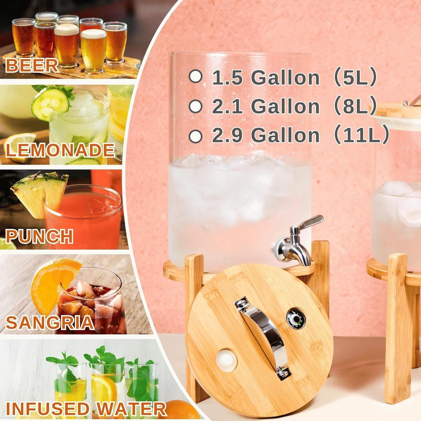 Glass Beverage Dispenser with Bamboo Stand 6.7 In and Lid, Iced 2.9 Gallon Drink Server with Spigot, Large Thick Glass Drink Dispenser for Parties, Hotels, Restaurants, Homes