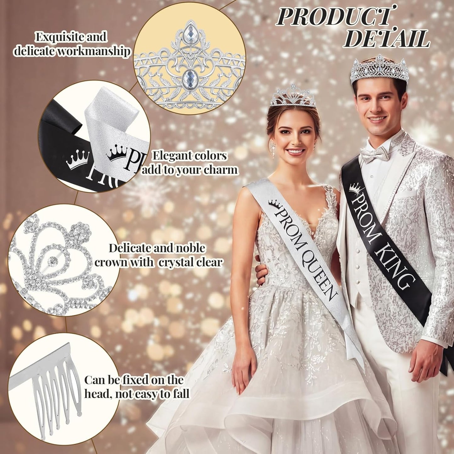 Lyrow 4 Pcs Prom King and Queen Crown Set, Prom King Crown with Sash for Graduation, Queen Tiara with Sash for Grad Couple Accessories Homecoming Birthday Party(Cute,Black,White)