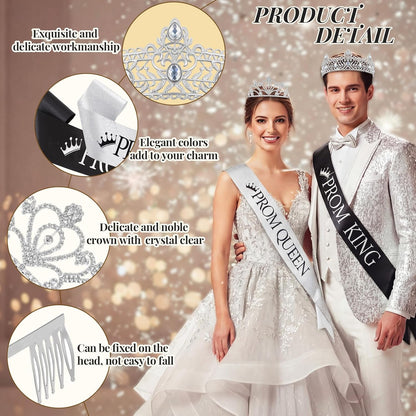 Lyrow 4 Pcs Prom King and Queen Crown Set, Prom King Crown with Sash for Graduation, Queen Tiara with Sash for Grad Couple Accessories Homecoming Birthday Party(Cute,Black,White)