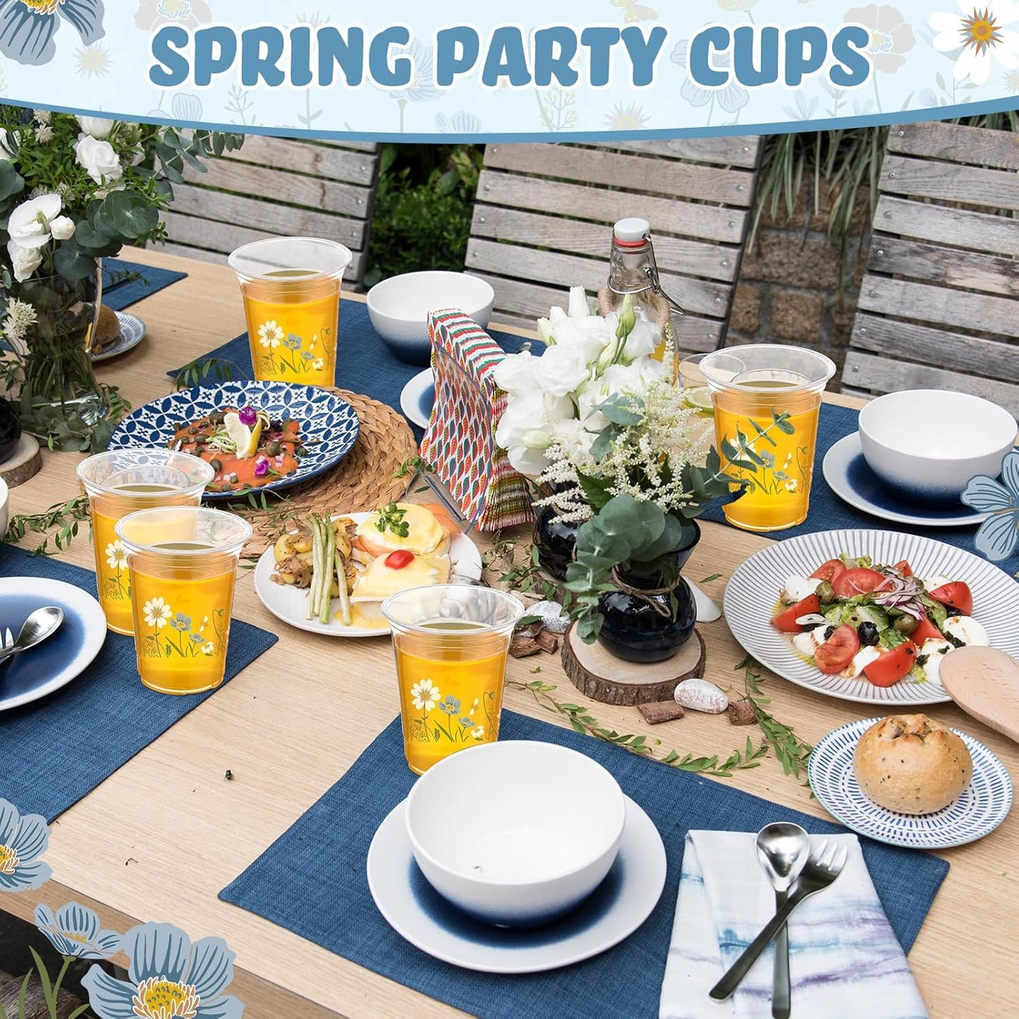 Hushee 60 Pcs Purple Floral Cups with Spring Summer Flower 16 oz Wildflowers Plastic Disposable Drinking Cups for Summer Spring Birthday Baby Shower Wedding Party Supplies