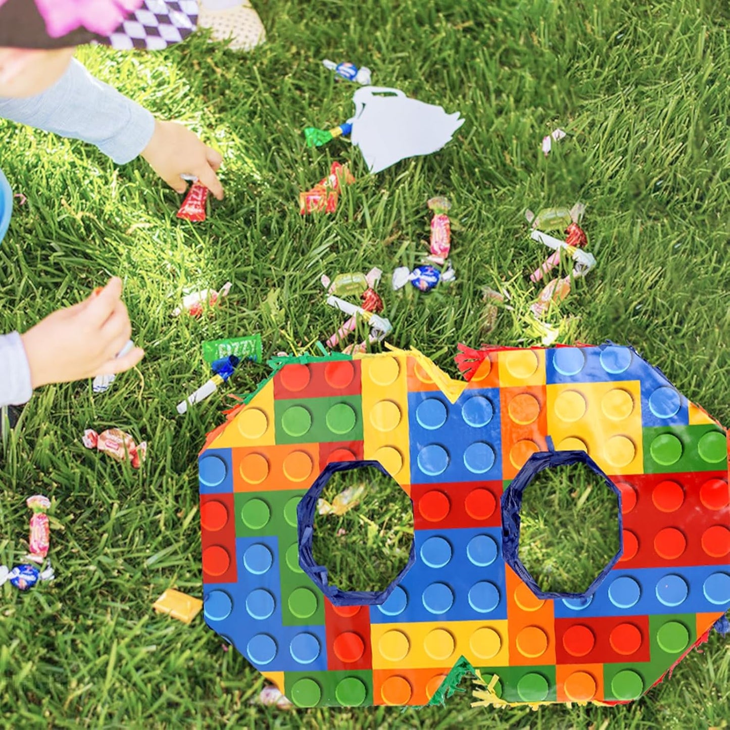 Number 7 Pinata Building Blocks with Pinata Stick Blindfold 7th Birthday Party Decorations Happy Birthday Building Block Theme Anniversary Party Supplies for Kids (Small, 16 x 10.6 x 3 in)