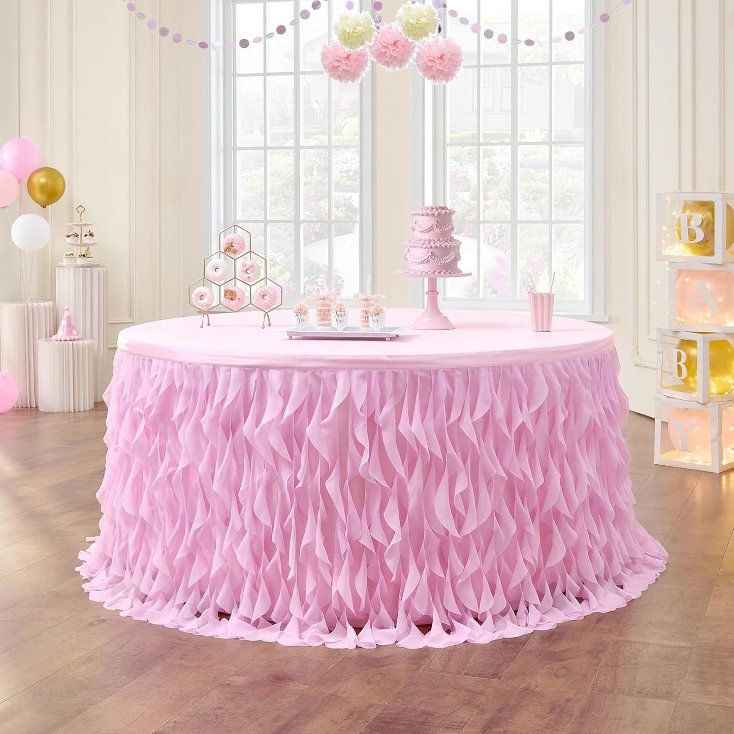 leegleri 6FT Tulle Ruffle Curly Willow Table Skirt for Rectangle or Round Tables, Under The Sea Ocean Blue Baby Shark Themed Tutu Table Skirt for Baby Shower, Birthday Party