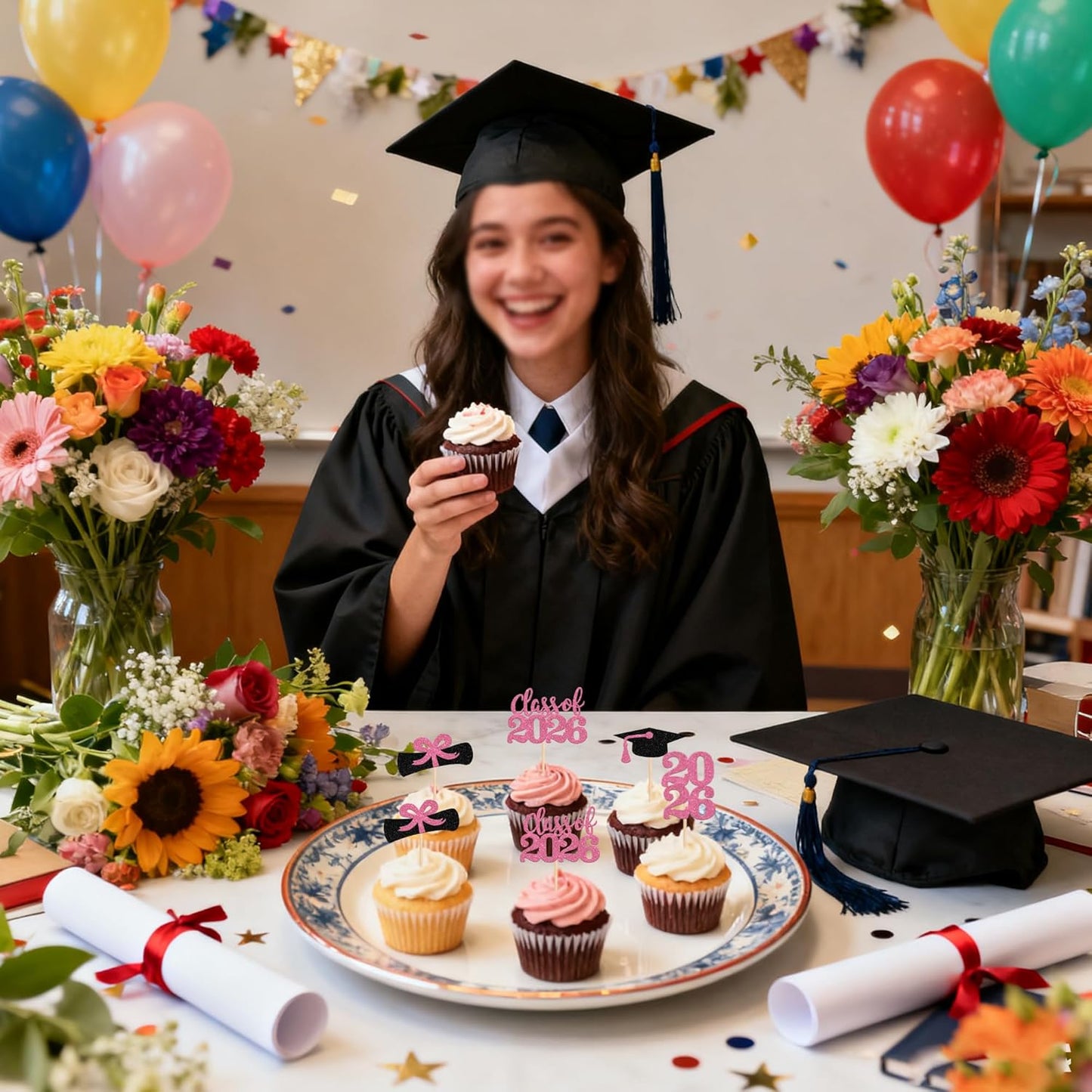 36 PCS 2026 Graduation Theme Cupcake Toppers Glitter Class of 2026 Grad Cap Diploma Cupcake Picks 2026 Graduation Theme Party Cake Decorations Supplies Deep Blue