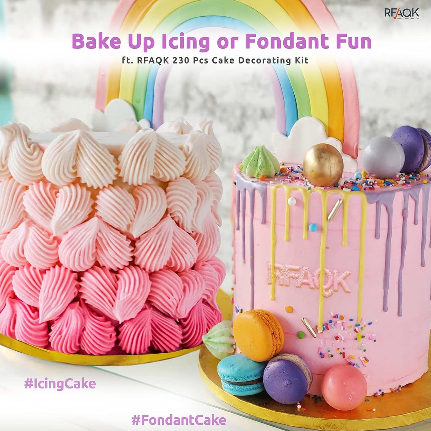 RFAQK 90PCs Cake Decorating Kit with Leveler, Baking Supplies Gift Includes Cake Stand Turntable, 24 Numbered Icing Tips, 55+1 Piping Bags, 2 Frosting Spatulas, 3 Scrappers, Video Course & Booklet