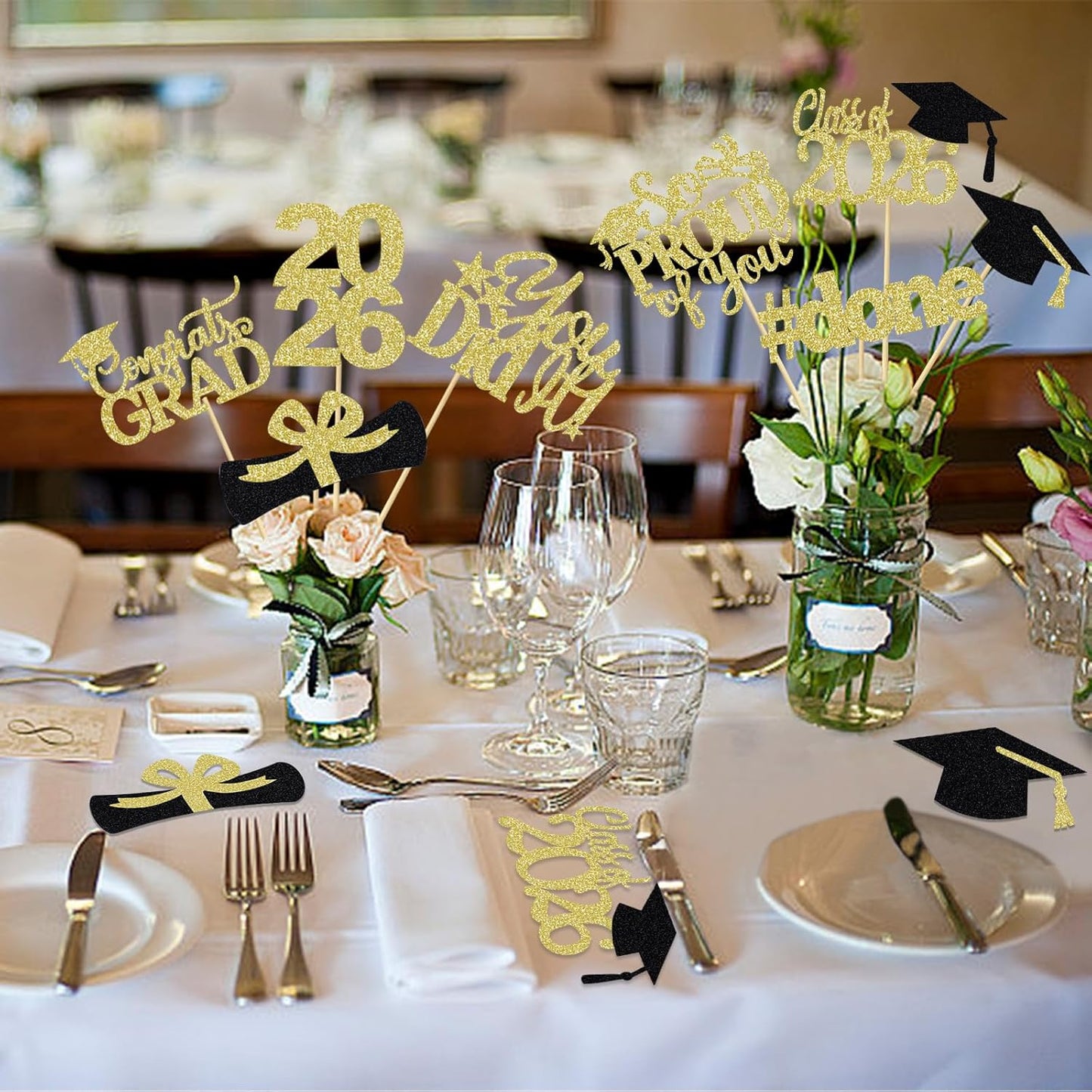 24Pcs 2026 Graduation Table Centerpieces Gold, Graduation Centerpieces for Tables 2026 Gold Class of 2026 Graduation Centerpiece Sticks for 2026 Graduation Party Table Decorations Gold