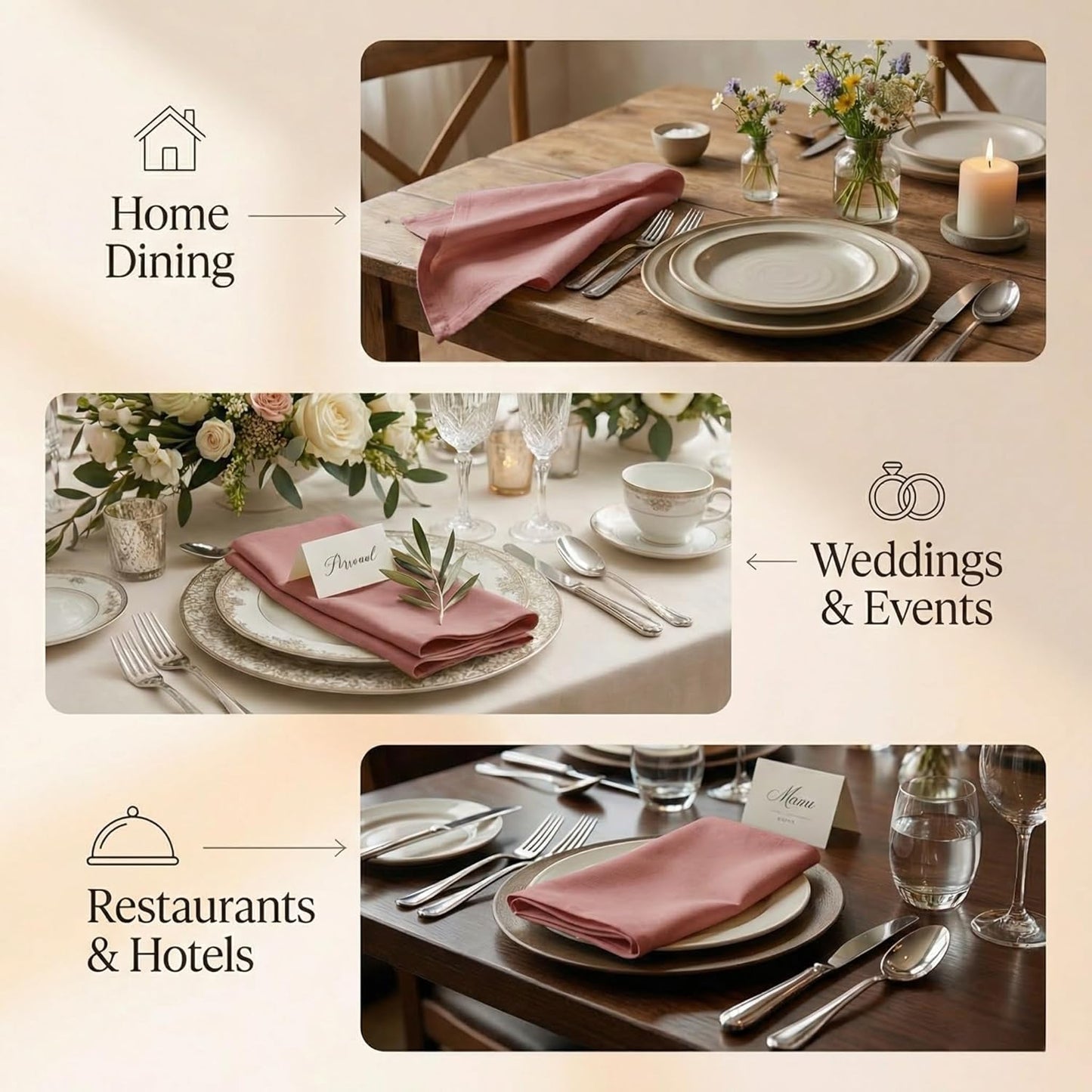 ACCENTHOME Natural Cotton Linen Napkin Set of 12 18x18 inch Dinner Napkins - Washable Soft Premium Hotel Quality Reusable Hemmed Edges Napkins Perfect Table Linens for Family Dinners, Weddings