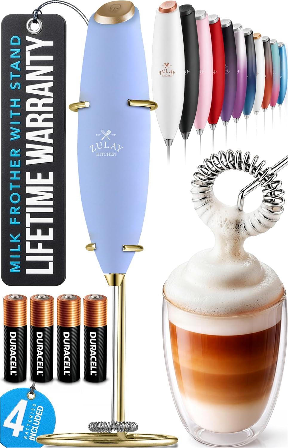 Zulay Kitchen Powerful Milk Frother Wand With Duracell Batteries - Ultra Fast Handheld Drink Mixer - Electric Whisk Foam Maker for Coffee, Lattes, Cappuccino & Matcha - Z1 Motor - Black - Colors A