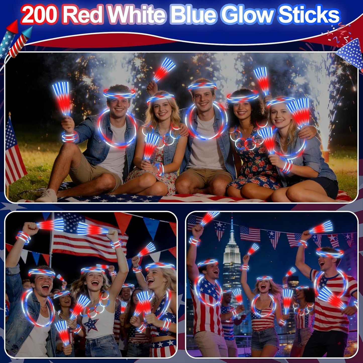 100 Pcs 4th of July Party Favors Glow Sticks with Connectors,Patriotic Glow Stick Red White Blue 3 in 1 Glow Bracelets and Necklaces 4th of July Accessories for Independence Day 250th Anniversary