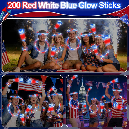 100 Pcs 4th of July Party Favors Glow Sticks with Connectors,Patriotic Glow Stick Red White Blue 3 in 1 Glow Bracelets and Necklaces 4th of July Accessories for Independence Day 250th Anniversary