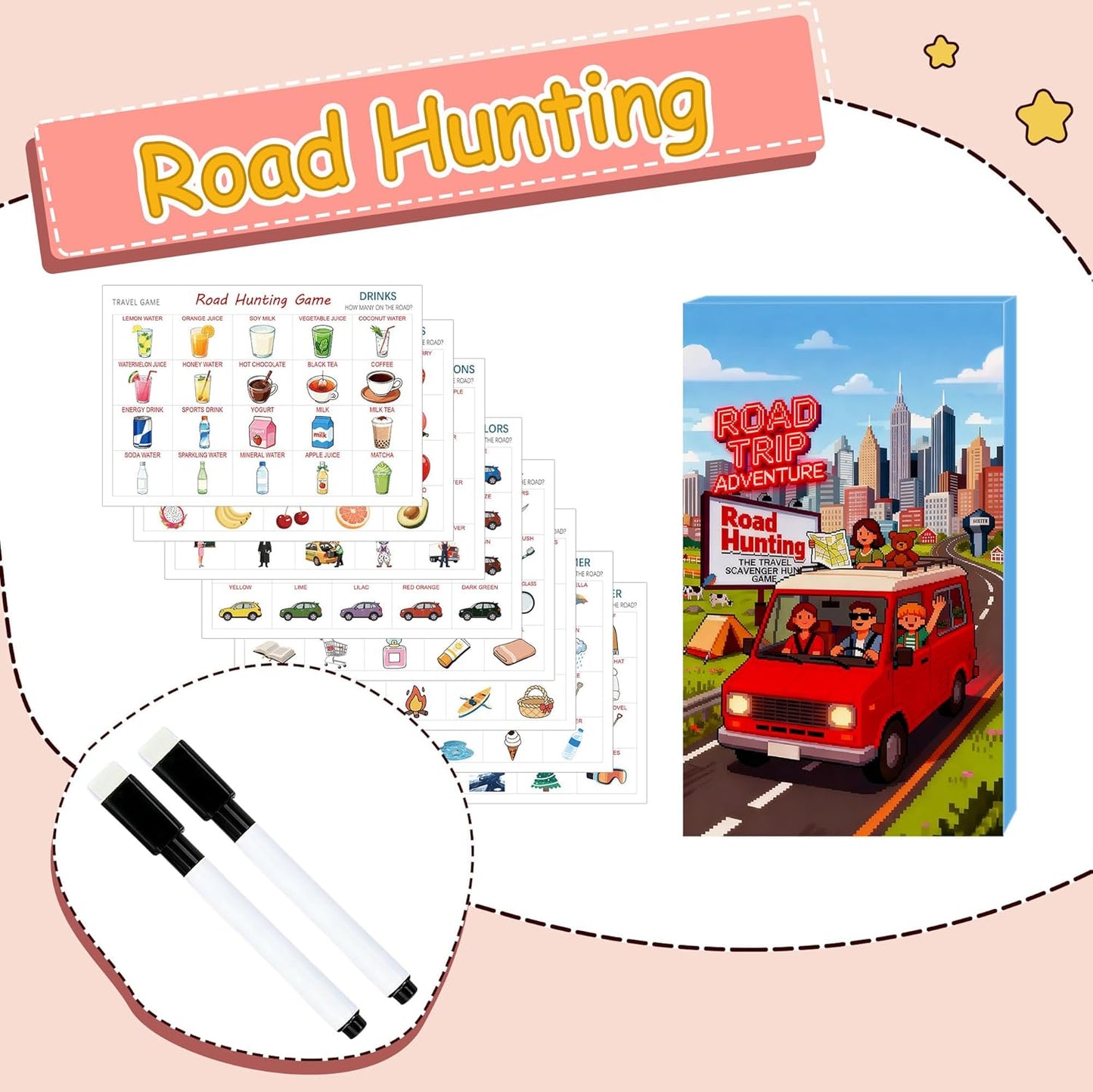 Road Trip Adventure Travel Scavenger Hunt Game, Road Hunting Card Game with Occupations, Drinks, Fruits Themes