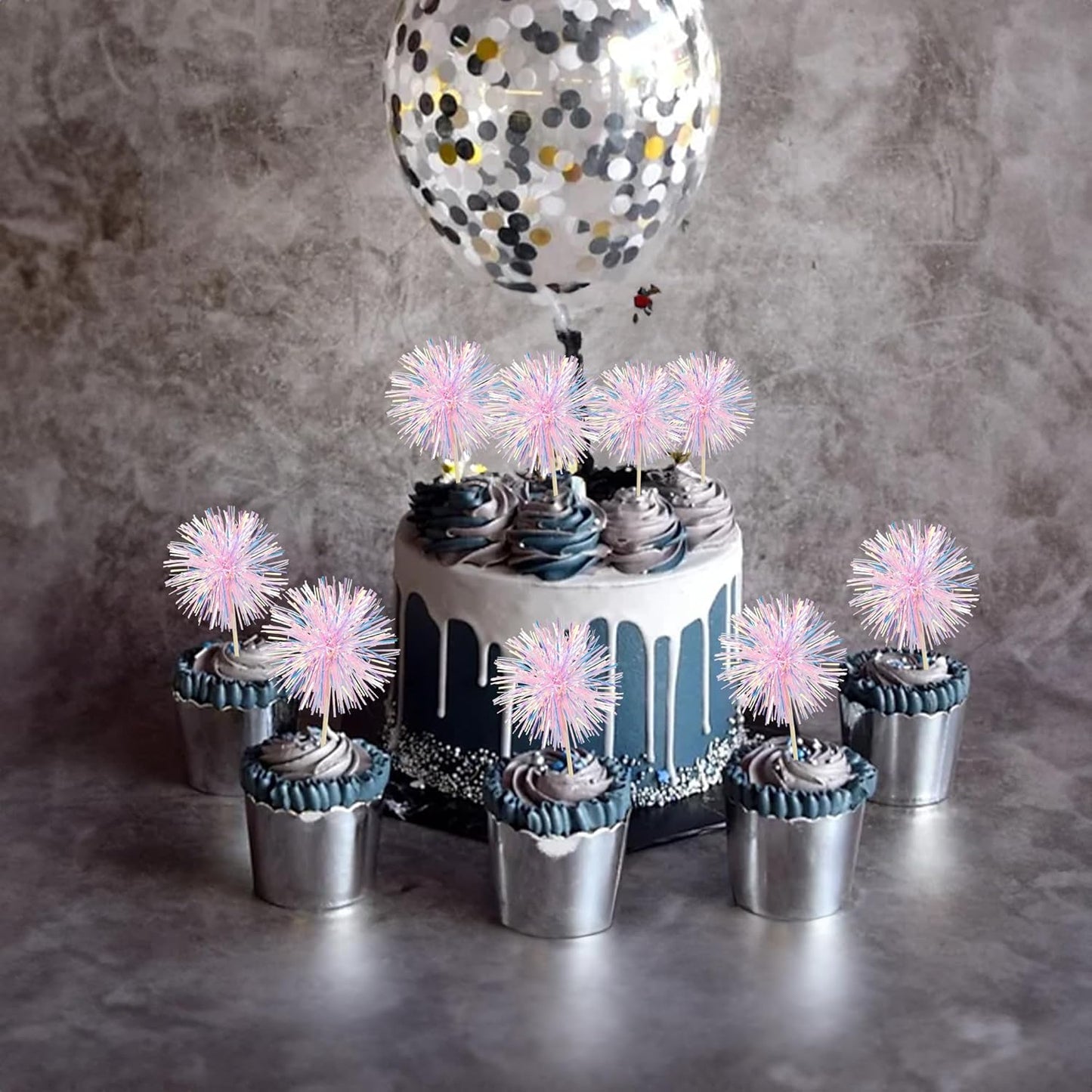 Ephlyn 30Pcs Foil Firework Cupcake Toppers Sparkle Tinsel Cupcake Picks Drink Stirrers Cocktail Food Fruit Toothpicks for Baby Shower Graduation Party Supplies White