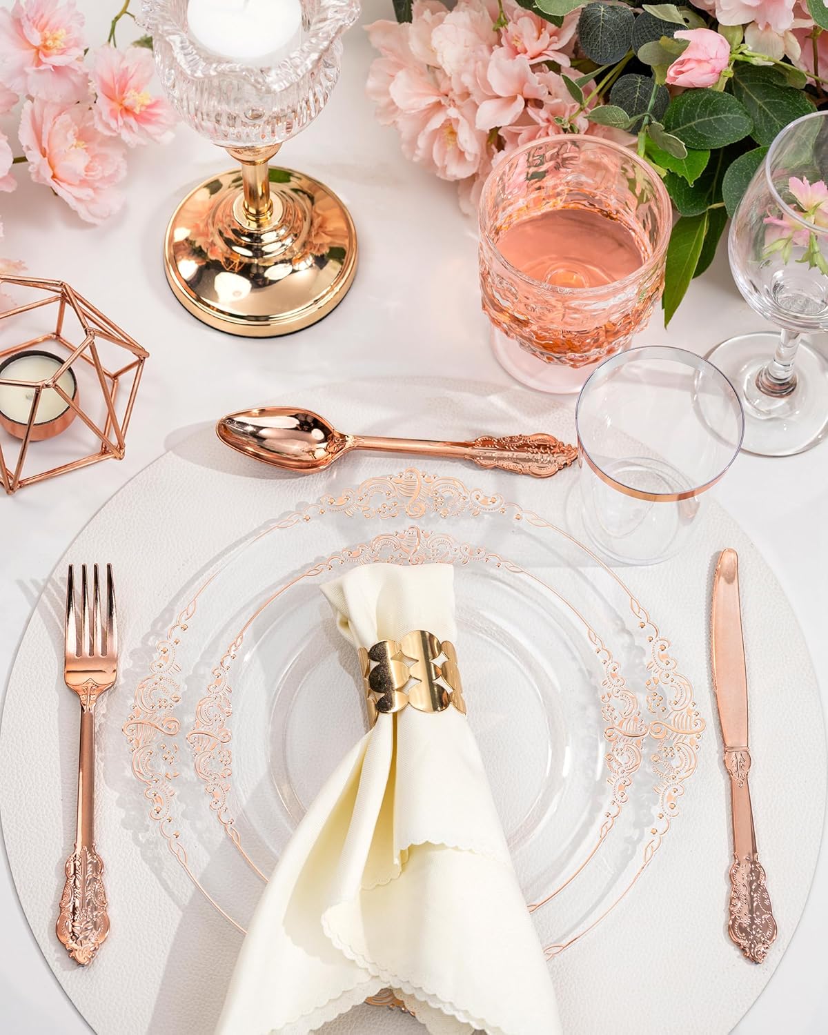 Nervure 350PCS Gold Plastic Plates - Gold Plastic Dinnerware Sets for 50 Guests - 100 Disposable Plates, 150 Silverware, 50 Cups, 50 Napkins for Wedding & Party & Mothers Day
