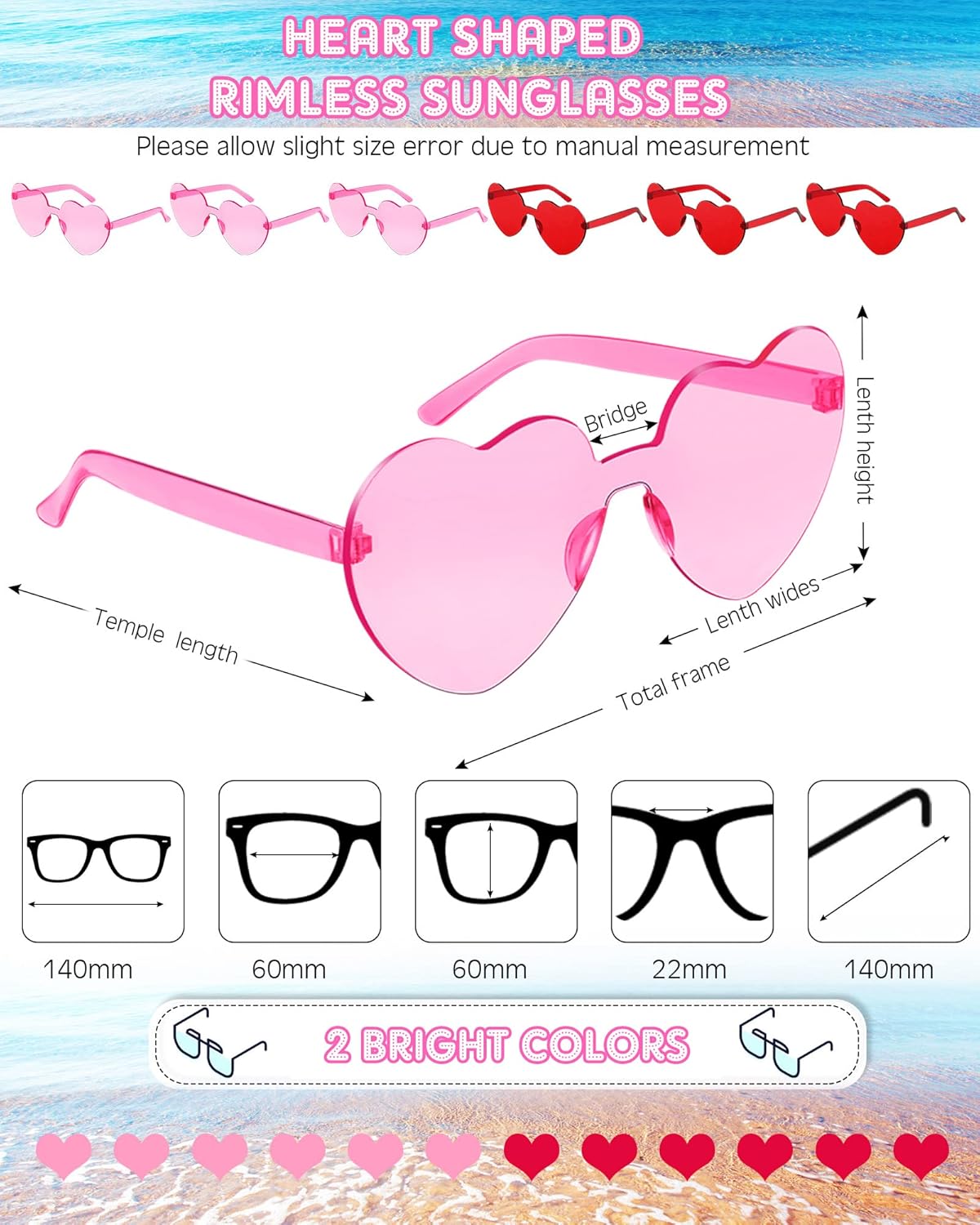 Frienda 20 Pairs Heart Shaped Sunglasses Rimless Candy Color Glasses for Women Men Party Favor