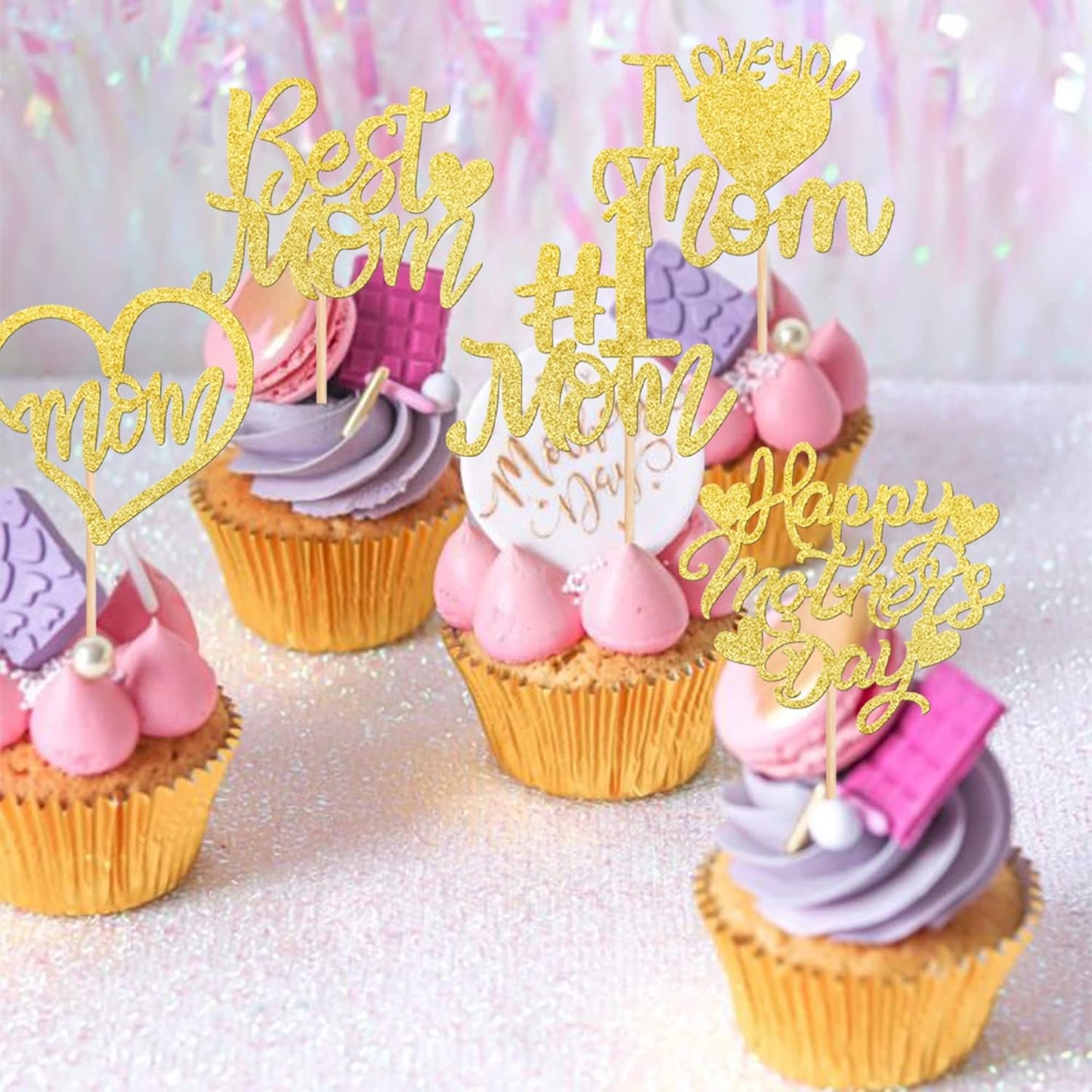 24 PCS Happy Mother's Day Cupcake Toppers with Glitter Heart Love Mother Best Mom Cupcake Picks for Happy Mother's Day Theme Women Birthday Party Cake Decorations Supplies Rose Gold