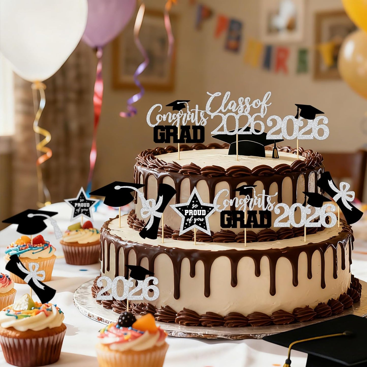 48 PCS Graduation Cupcake Toppers, Glittery 6 Styles Congrats Grad Cake Topper, Black and Red Graduation Decorations 2026, Cap and Diploma Cake Picks for Grad Party Supplies