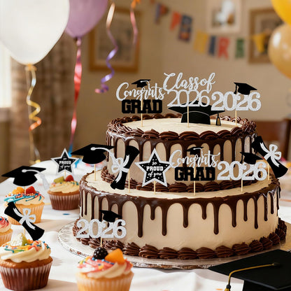 48 PCS Graduation Cupcake Toppers, Glittery 6 Styles Congrats Grad Cake Topper, Black and Red Graduation Decorations 2026, Cap and Diploma Cake Picks for Grad Party Supplies