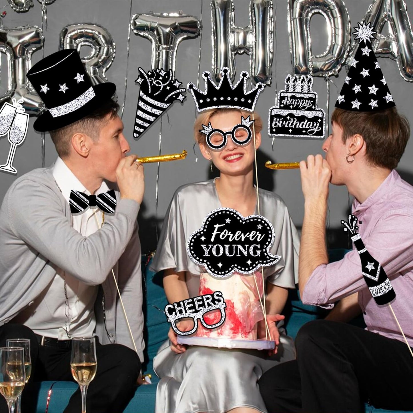 36 PCS Birthday Photo Booth Props Party Supplies Holiday Picture Decorations Photo Booth Props for Birthday Party Favors Pose Sign Kit Fun for Party (Purple and Black)