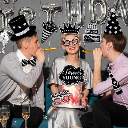 36 PCS Birthday Photo Booth Props Party Supplies Holiday Picture Decorations Photo Booth Props for Birthday Party Favors Pose Sign Kit Fun for Party (Purple and Black)