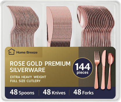 144 Pack Gold Premium Heavy Duty Plastic Silverware, 48 Forks, 48 Spoons, 48 Knives, For Catering, Parties, Dinners and Weddings, BPA-Free, Disposable Plastic Cutlery Set Utensils Set