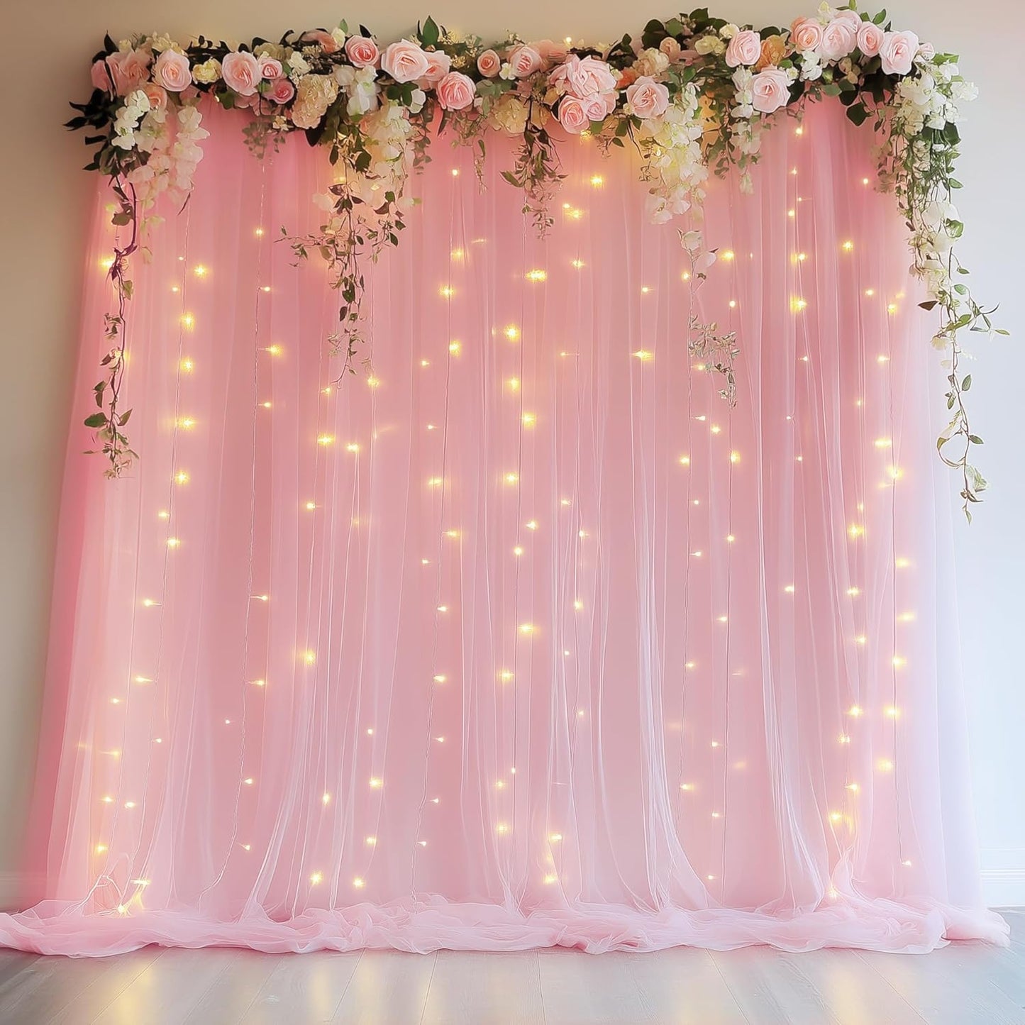 Fomcet Tulle Backdrop Curtains with Lights String White 10FT X 8FT Sheer Curtain with Lights Tulle Curtains Backdrop for Wedding Birthday Party Baby Shower Photo Shoot (2 Panels 5x8FT)