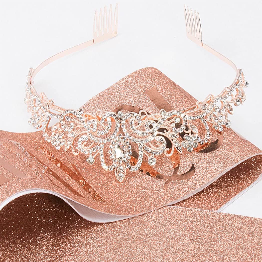 COCIDE Birthday Queen Sash & Rhinestone Tiara Set Gold Happy Birthday Crowns for Women Party Decoration Kit Rhinestone Headband for Women Glitter Crystal Hair Accessories for Cake Topper