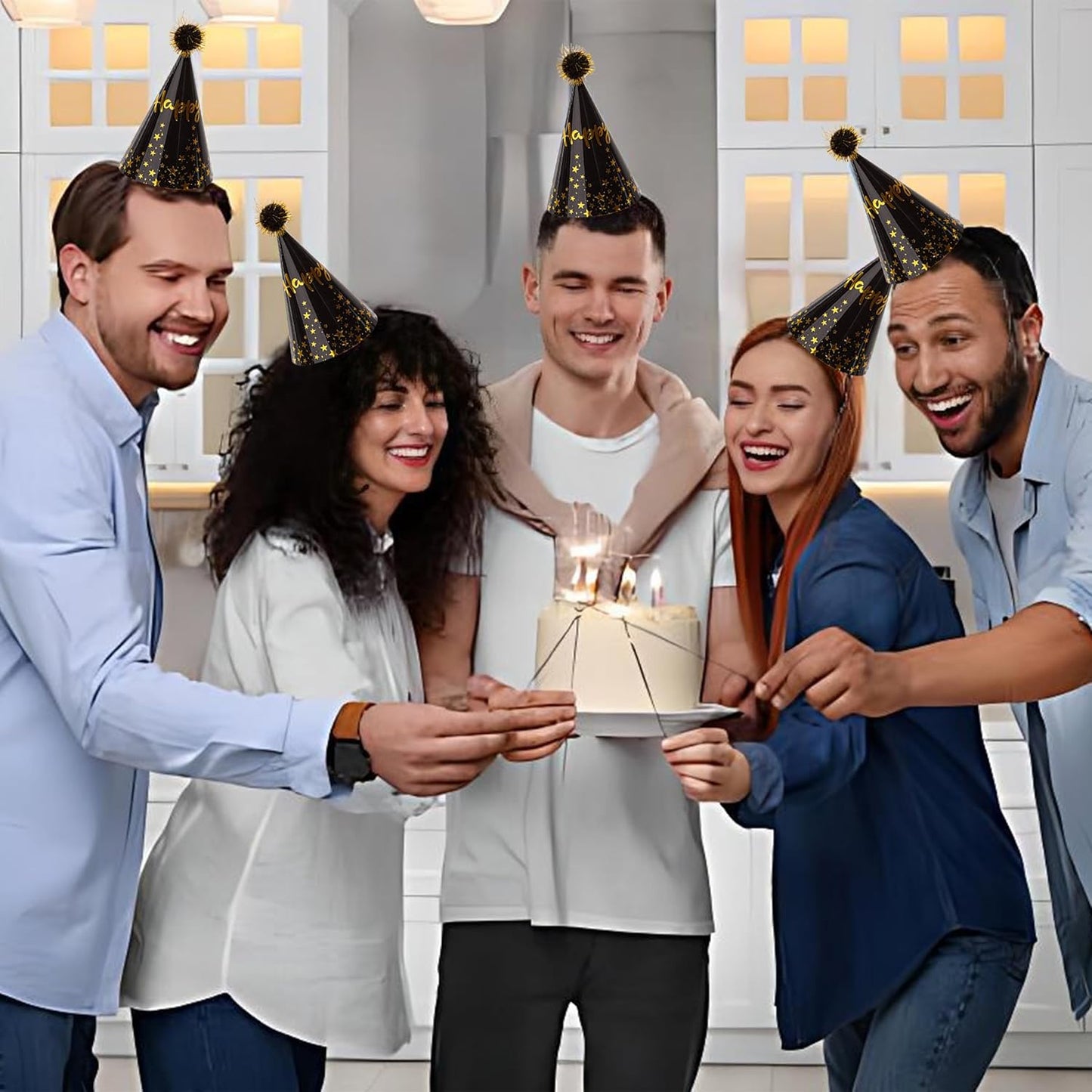 JOYEONDEF 30 Pcs Gold Birthday Party Hats Cone Hats Includes 8 Birthday Paper Hats and 22 Noise Makers