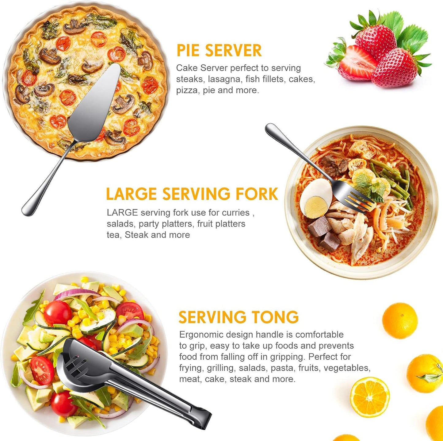 Patelai Serving Utensils Set Include Stainless Steel Large Spoons Slotted Spoons Forks Tongs Soup Ladle and Pie Server for Parties Buffet Catering, Dishwasher Safe(Silver,10 Pieces)