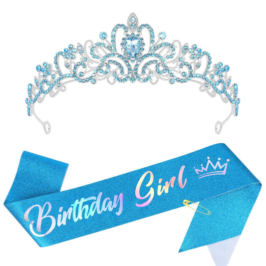 CIEHER Birthday Girl Crown and Sash - Rose Gold Tiara Birthday Decorations for Women and Girls