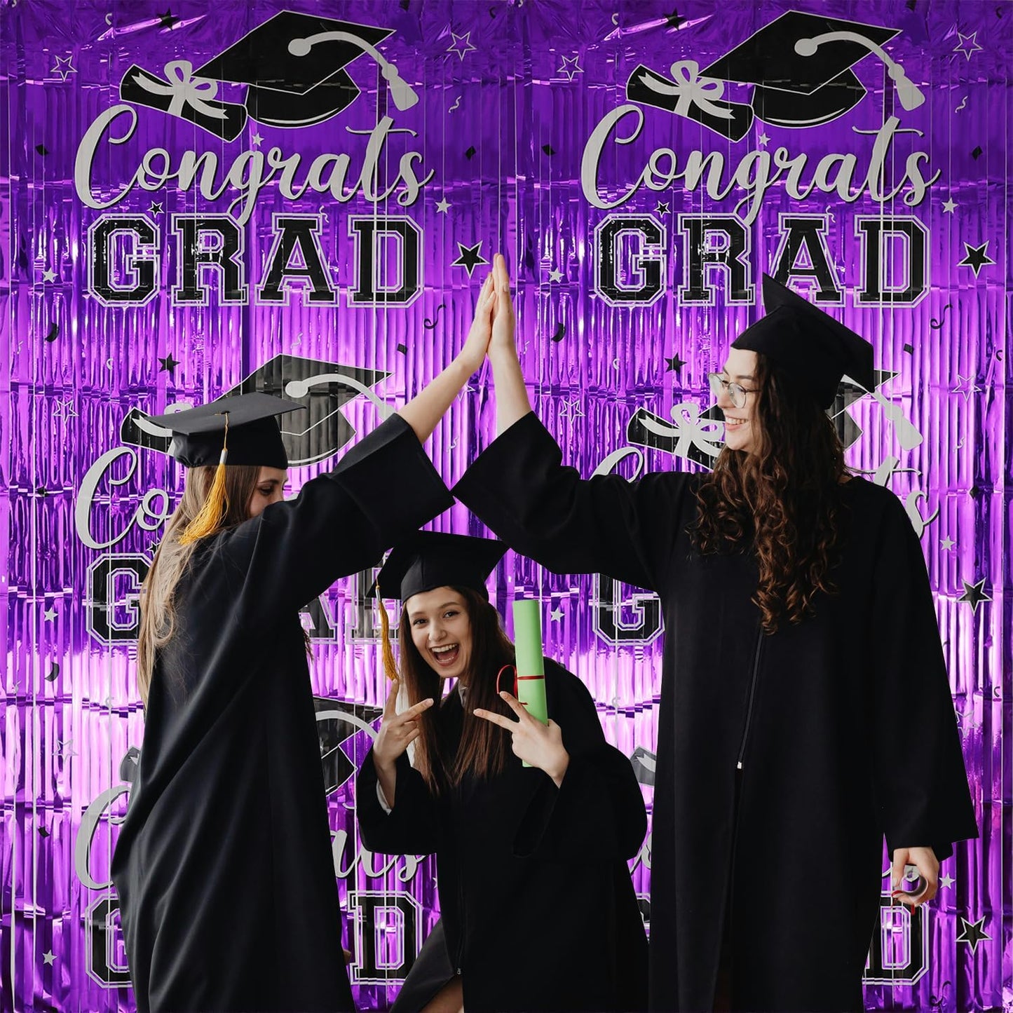 Gradution Party Suppiles Backdrop Decoration 2026, Claas of 2026 Streamer Tinsel Foil Fringe Curtains, Photo Booth Prop Backdrop, Black Grad Photo Backgrounds