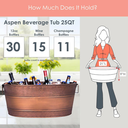 BREKX Aspen Galvanized Tub, Copper Finish Metal Ice and Drink Cooler for Parties, Sealed Leak Resistant Party Cooler, Easy to Clean, Handcrafted, Large Oval 25-Quart (6 Gallon), 30 Bottle Bucket