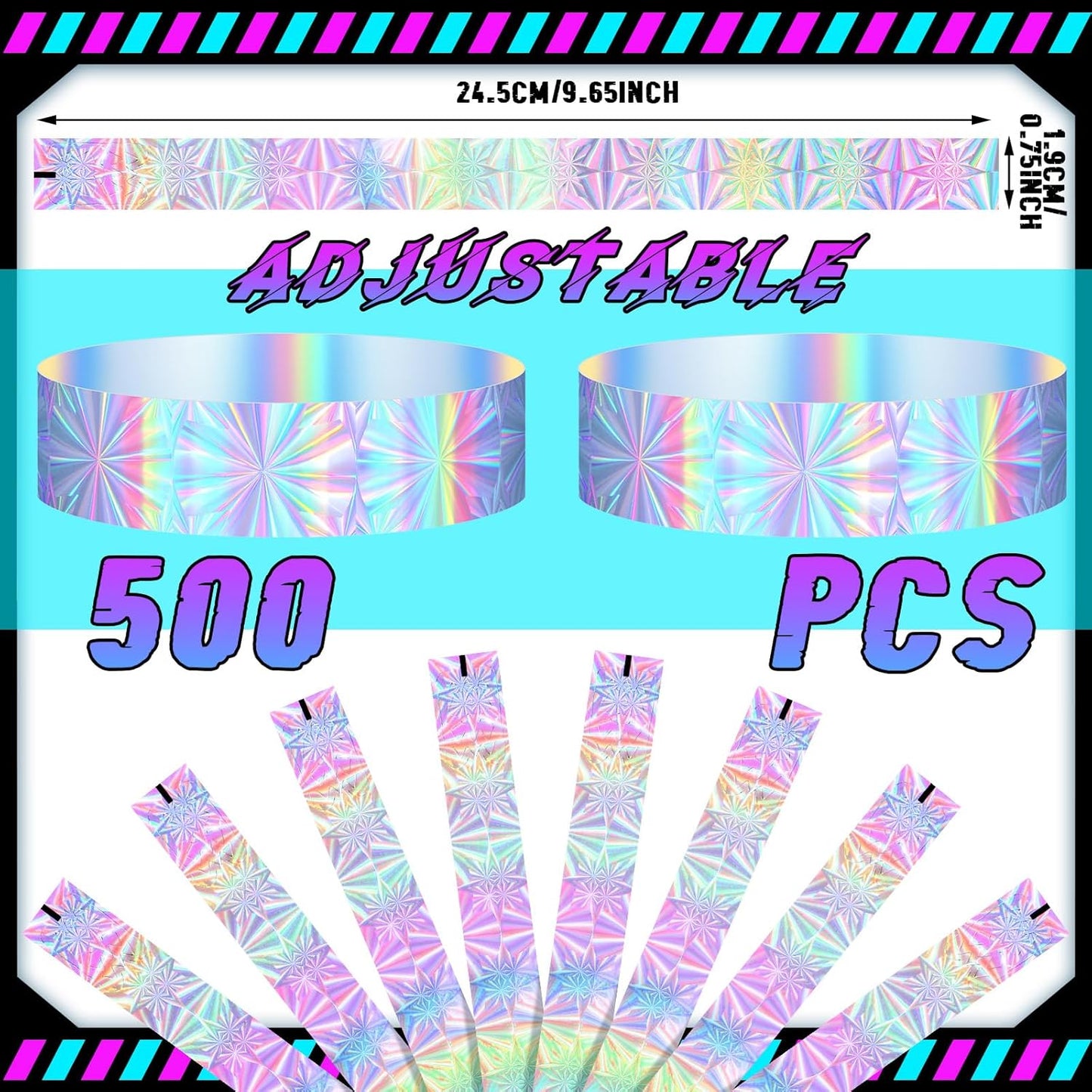 Glenmal 500 Pcs Holographic Plastic Party Wristbands Waterproof Event Neon Bracelets Wrist Bands Arm Bands for Water Parks Concerts Festivals Conferences Concerts(Fresh Style)