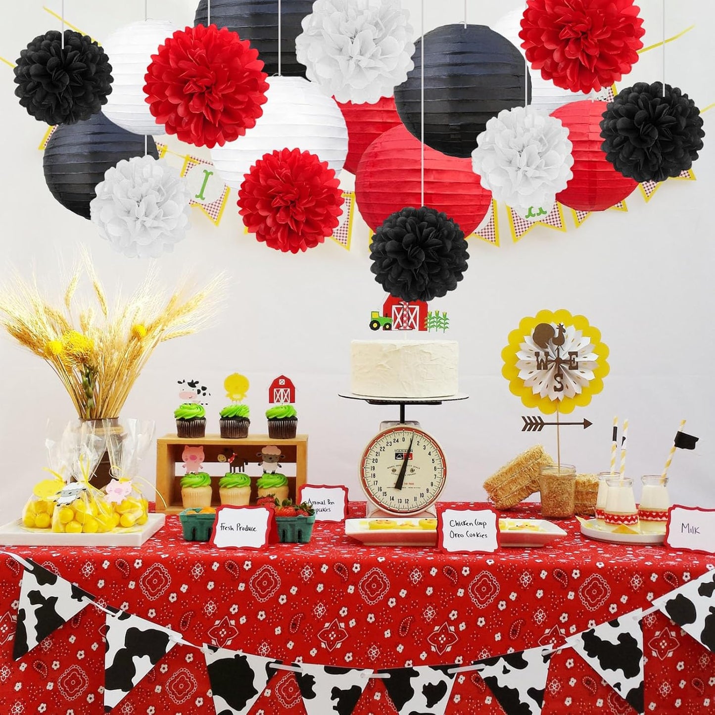 18 PCS Tissue Paper Pom Poms, Tissue Pom Poms Flowers, Sizes of 6", 10", 12", 14" Hanging Paper Flower Ball for Wedding, Birthday, Halloween, Christmas, Baby Shower Party Decor (Red Black Gold)