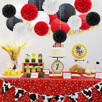18 PCS Tissue Paper Pom Poms, Tissue Pom Poms Flowers, Sizes of 6", 10", 12", 14" Hanging Paper Flower Ball for Wedding, Birthday, Halloween, Christmas, Baby Shower Party Decor (Red Black Gold)