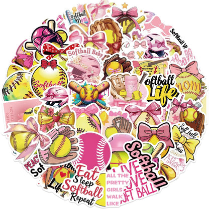 50PCS Pink Coquettte Bows Softball Stickers, Cute Motivational Vinyl Waterproof Stickers for Water Bottles,Helmets, Luggage, Teaching Incentives, Softball Gifts for Girls Kids, Teens and Adults