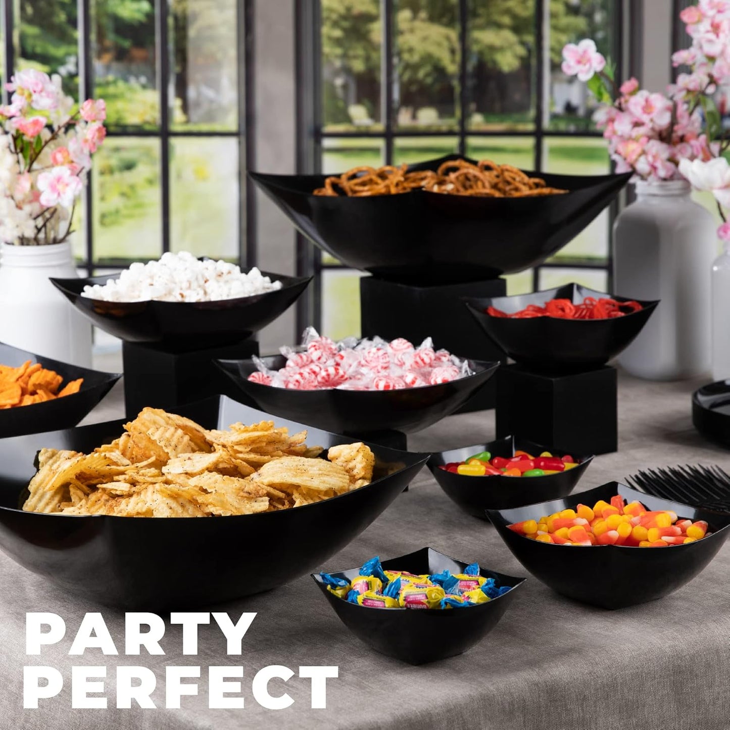 PLASTICPRO Disposable 64 ounce Square Serving Bowls, Party Snack or Salad Bowl, Large Plastic Elegant White Pack of 4