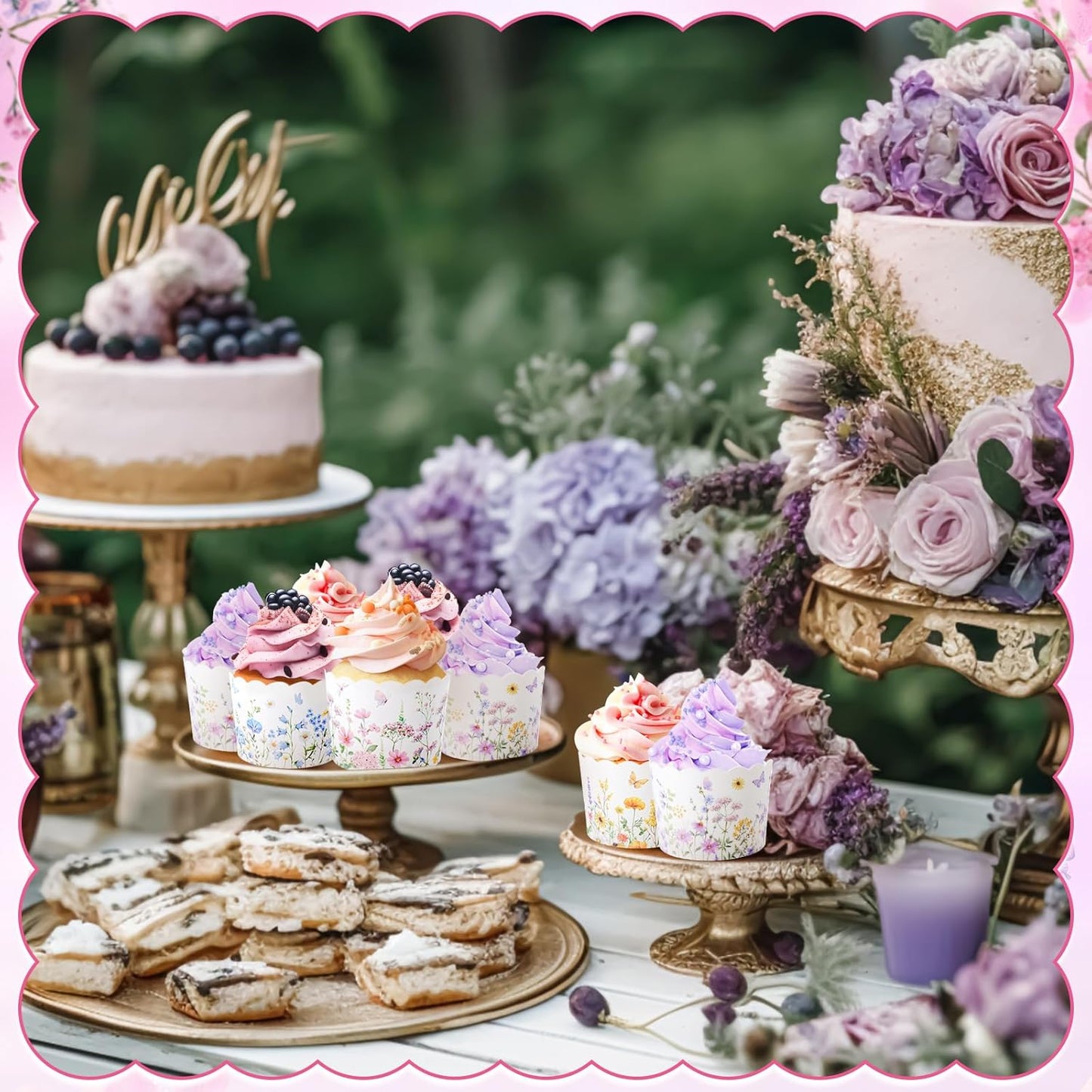 Qinyoung 120 Pcs Wildflower Cupcake Liner 4 Design Flower Paper Muffin Liner Scalloped Disposable Floral Baking Cup, Tea Party Baby/Bridal Shower Decoration for Spring Wedding Birthday Party Supplies