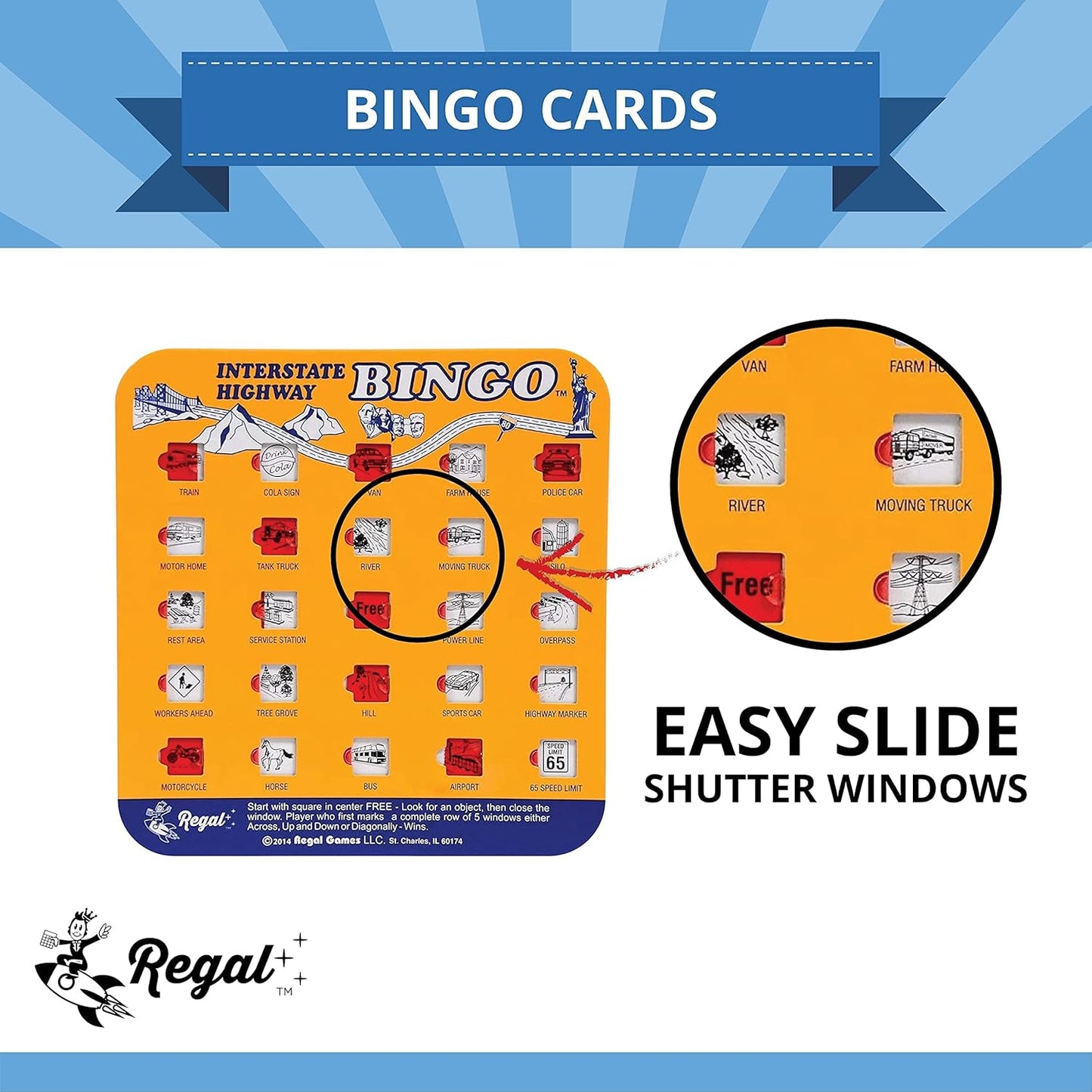 Regal Games Finger-Tip Shutter Bingo Cards with Sliding Windows - Auto Bingo Game Set - Assorted Travel Game for Adults & Kids - Reusable, No Chips & Daubers Needed - 4 Packs - Green