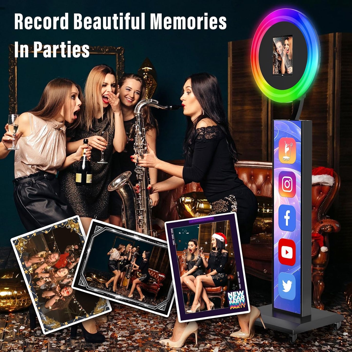 JIYANG Portable Photo Booth Compatible with Any Ipad,Photo Booth Stand Shell with ChackTok PhotoBooth VIP Member and Flight Case,Free Custom Logo,Perfect for Parties,Wedding and Events(White)