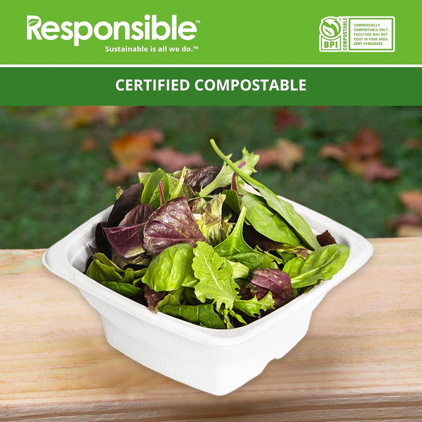 Responsible Products 100% Compostable Square Serving Bowls, 48 oz Disposable Paper Bowls, Microwave Safe, Freezer Safe, Soup Safe, No Plastic, Eco-Friendly, Tree-Free, No PFAS. White (50 Count)
