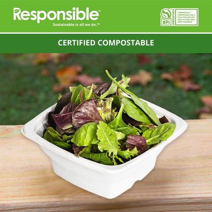 Responsible Products 100% Compostable Square Serving Bowls, 48 oz Disposable Paper Bowls, Microwave Safe, Freezer Safe, Soup Safe, No Plastic, Eco-Friendly, Tree-Free, No PFAS. White (50 Count)