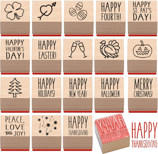 MotiMind 18 Pcs Cartoon Pattern Wood Stamps Set Wooden Rubber Holiday Stamps for Card Making Decoration and Scrapbooking Supplies