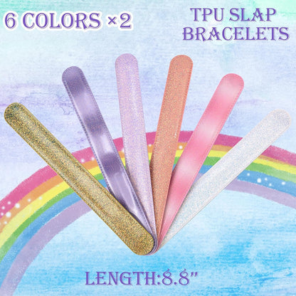 12Pcs Tpu Slap Bracelets for Kids, 6 Pastel Colors Soft and Safe Glitter Wirstband, Party Favors for Gilrs Birthday Gifts Classroom Prize Goodie Bag Stuffers
