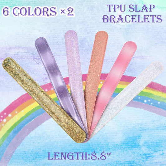 12Pcs Tpu Slap Bracelets for Kids, 6 Pastel Colors Soft and Safe Glitter Wirstband, Party Favors for Gilrs Birthday Gifts Classroom Prize Goodie Bag Stuffers