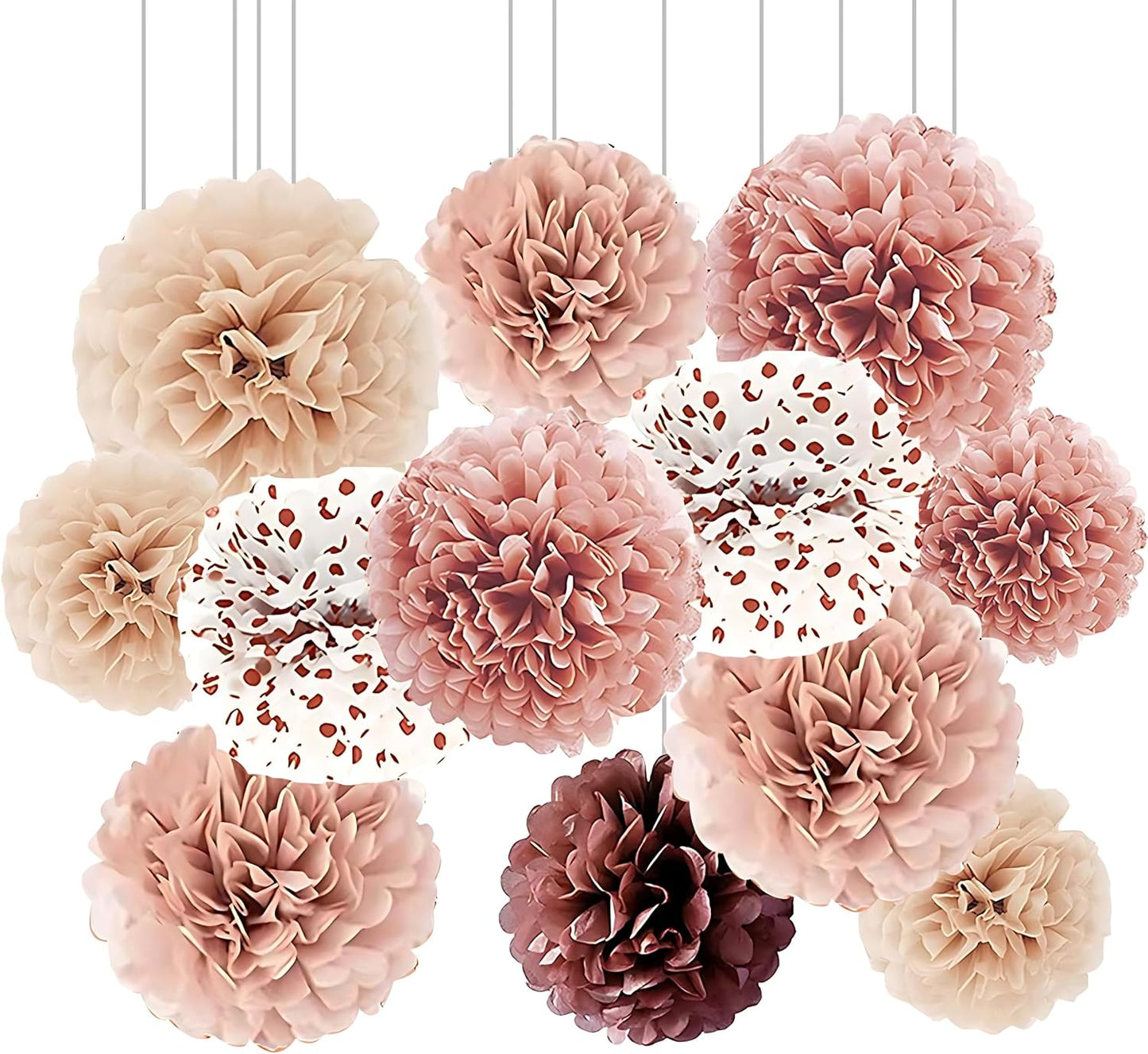XIKSXITN 12 pc Rose Gold Gradient Tissue Paper Pom poms-Hanging Gold Dot White Paper Pom Poms Paper Flowers Ball for Party Decorative(8&10&12 inch)