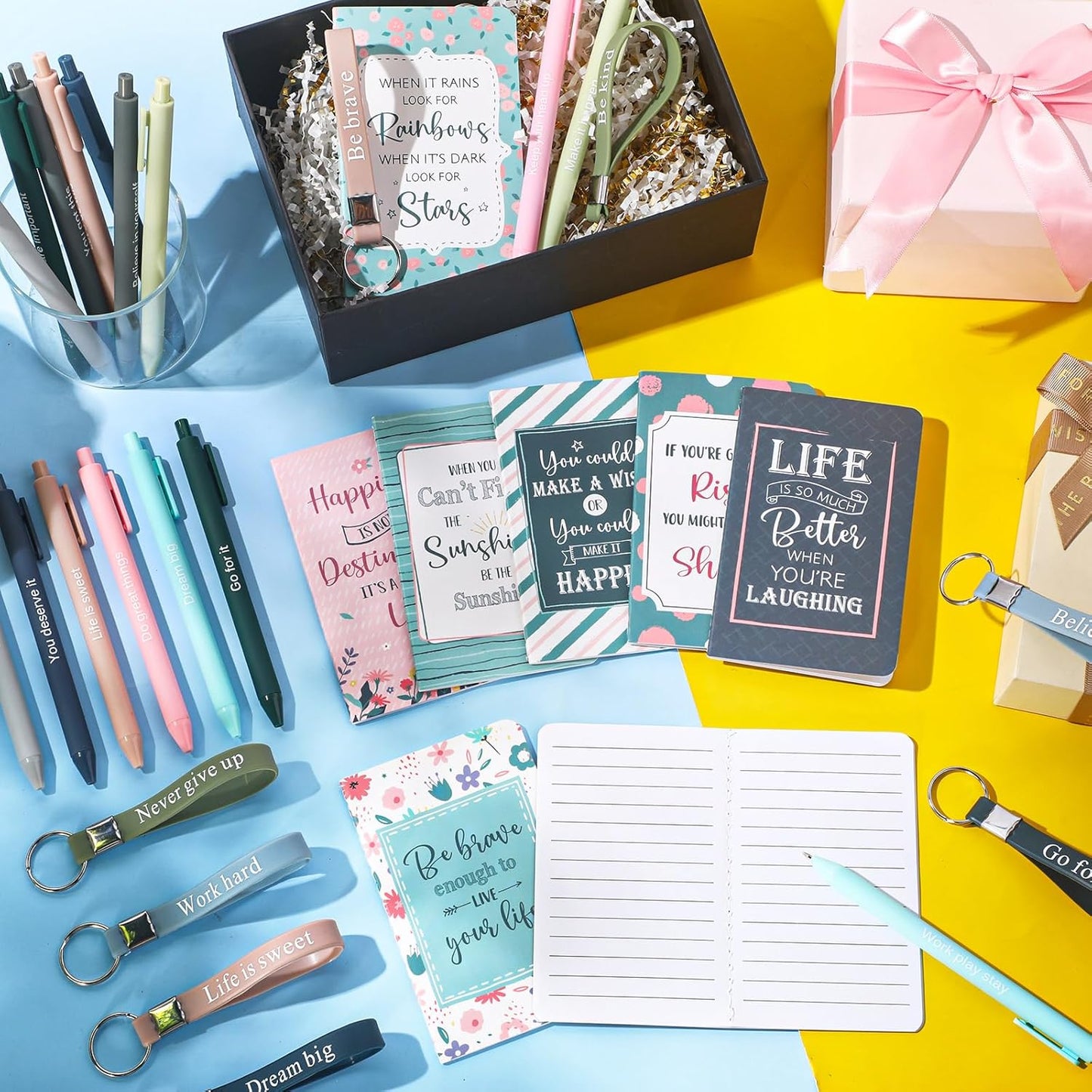 PerKoop 48 Pcs Inspirational Gifts Bulk Motivational Notepads Ballpoint Pens Keychains Set Modern Farmhouse Journal Notebooks Christian Gifts for Teachers School Office Party Favor Supplies
