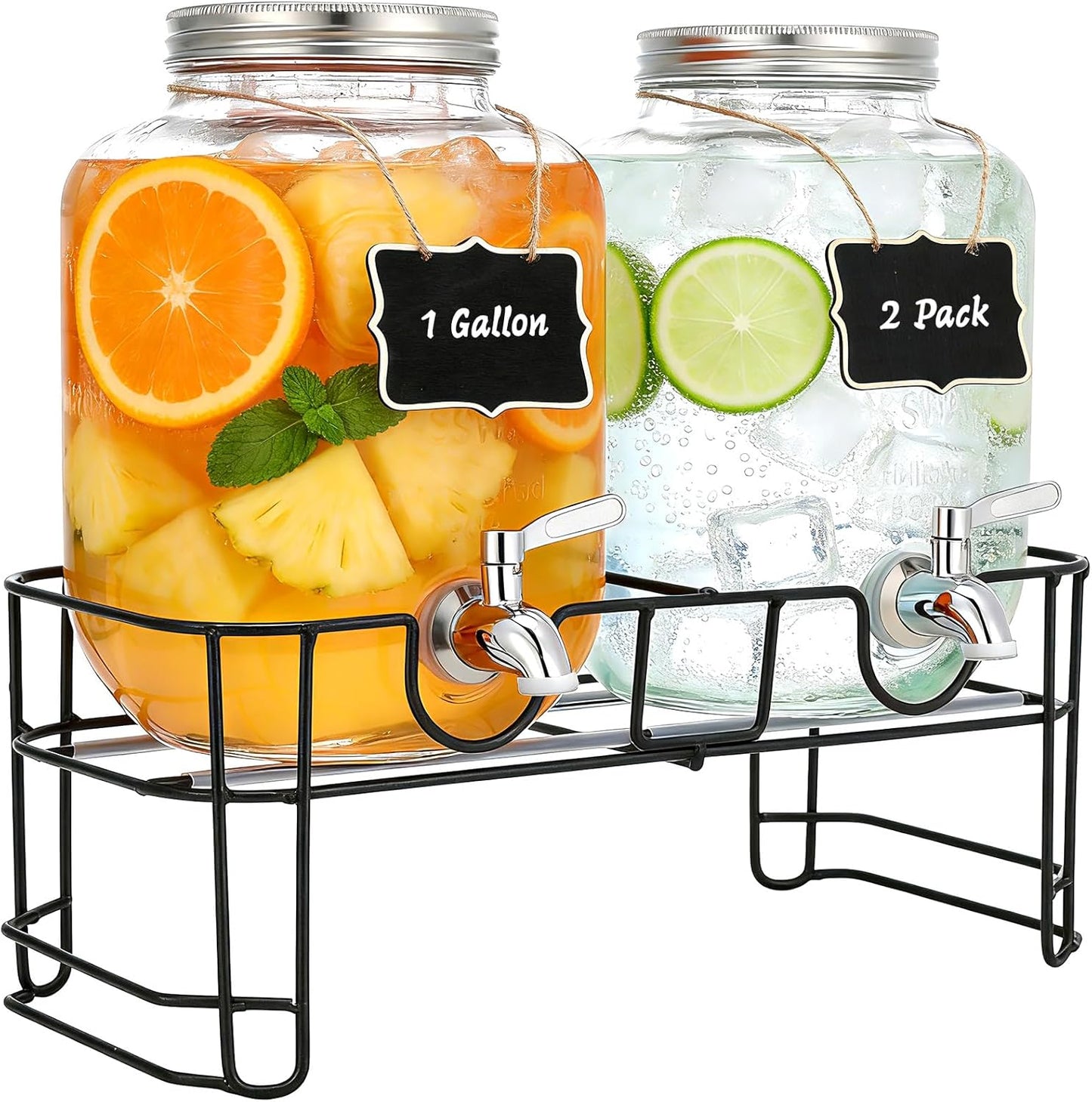 1 Gallon Glass Beverage Dispenser with Lid, Stainless Steel Spigot, Glass Drink Dispensers for Parties, Lemonade Dispenser With Ice Cylinder for Weddings, Party,Sun Tea Jar, Water Juice Dispensers