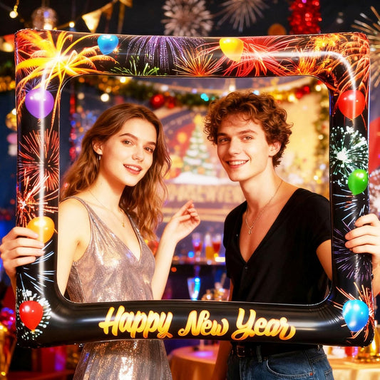New Year Party Photo Booth Props Frame, LMSHOWOWO Colorful Happy New Year's Eve Blow Up Inflatable Selfie Photo Frame, Funny New Year Photo Booth Props for Men Women New Year Party Decoration Supplies