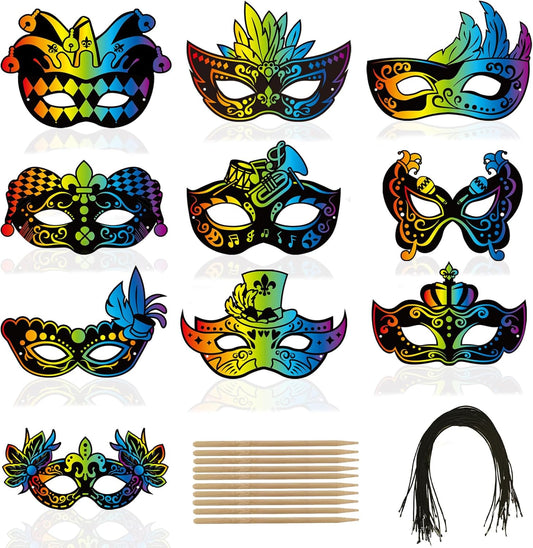 Qpout 30 Packs Mardi Gras Crafts,Rainbow Scratch Masks Craft Kits,Magic Scratch Paper Art for Carnival Masquerade Mask Costumes Dress Up Scratch Off Cards New Orleans Party Favors Supplies